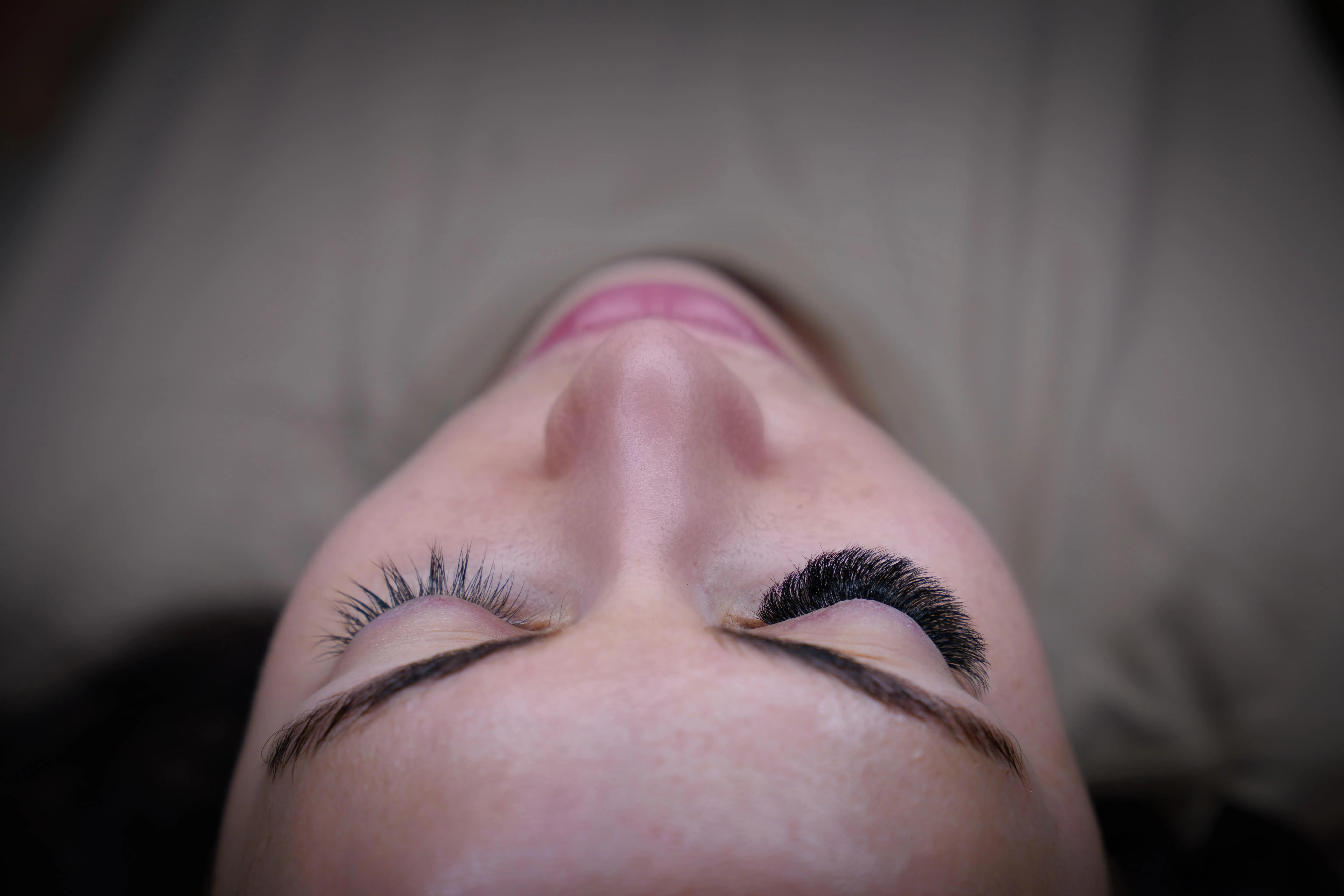 Overhead view of a completed volume lash set with the eyes closed