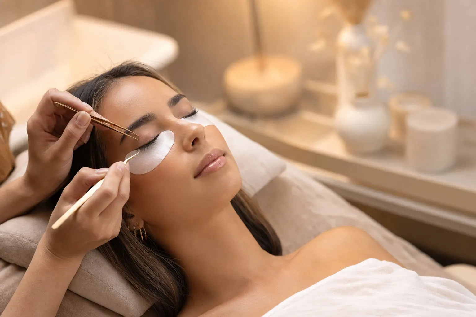 Lash artist applying extensions with careful isolation to protect eye health