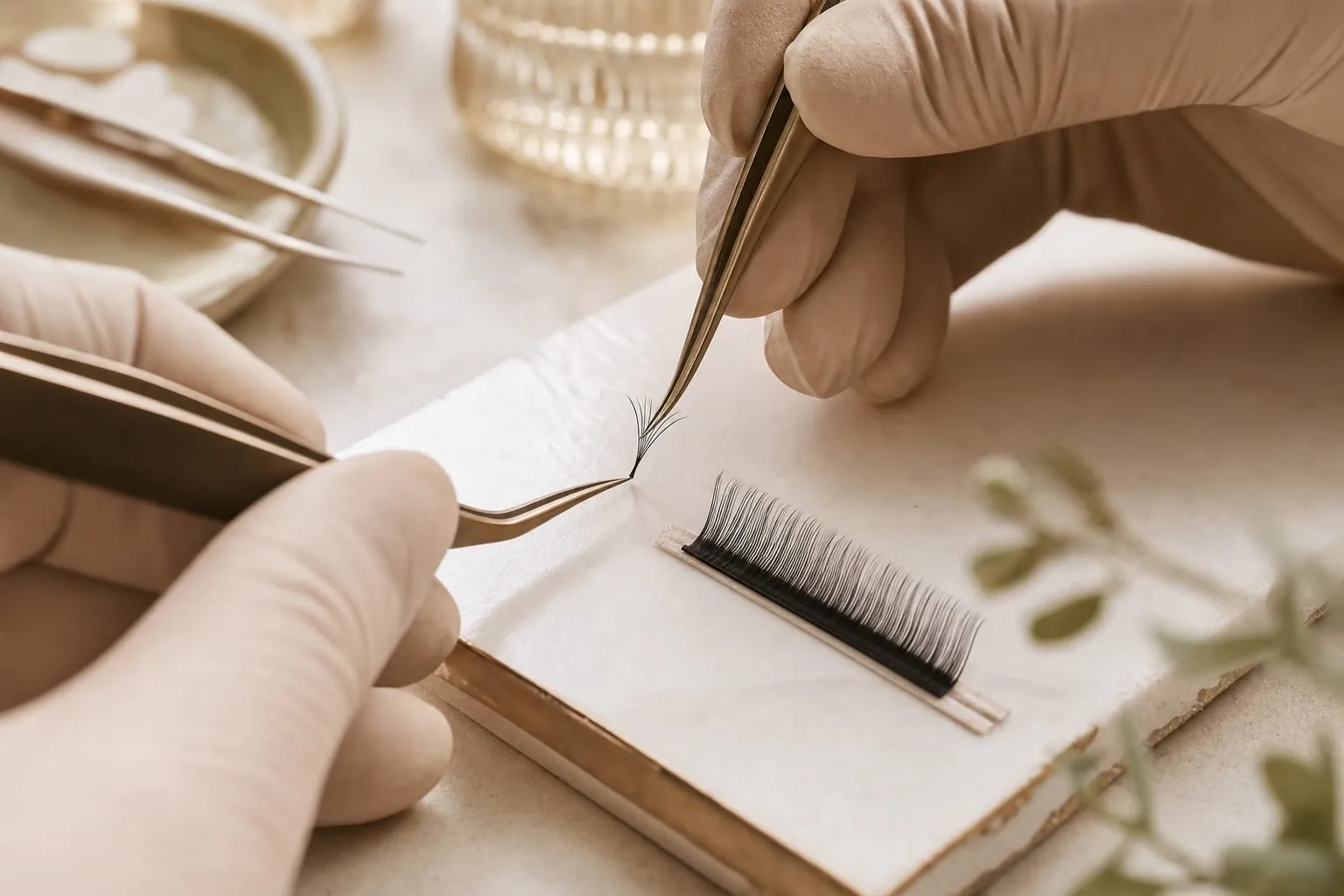 A volume lash fan being handmade at the chair in an Austin lash studio