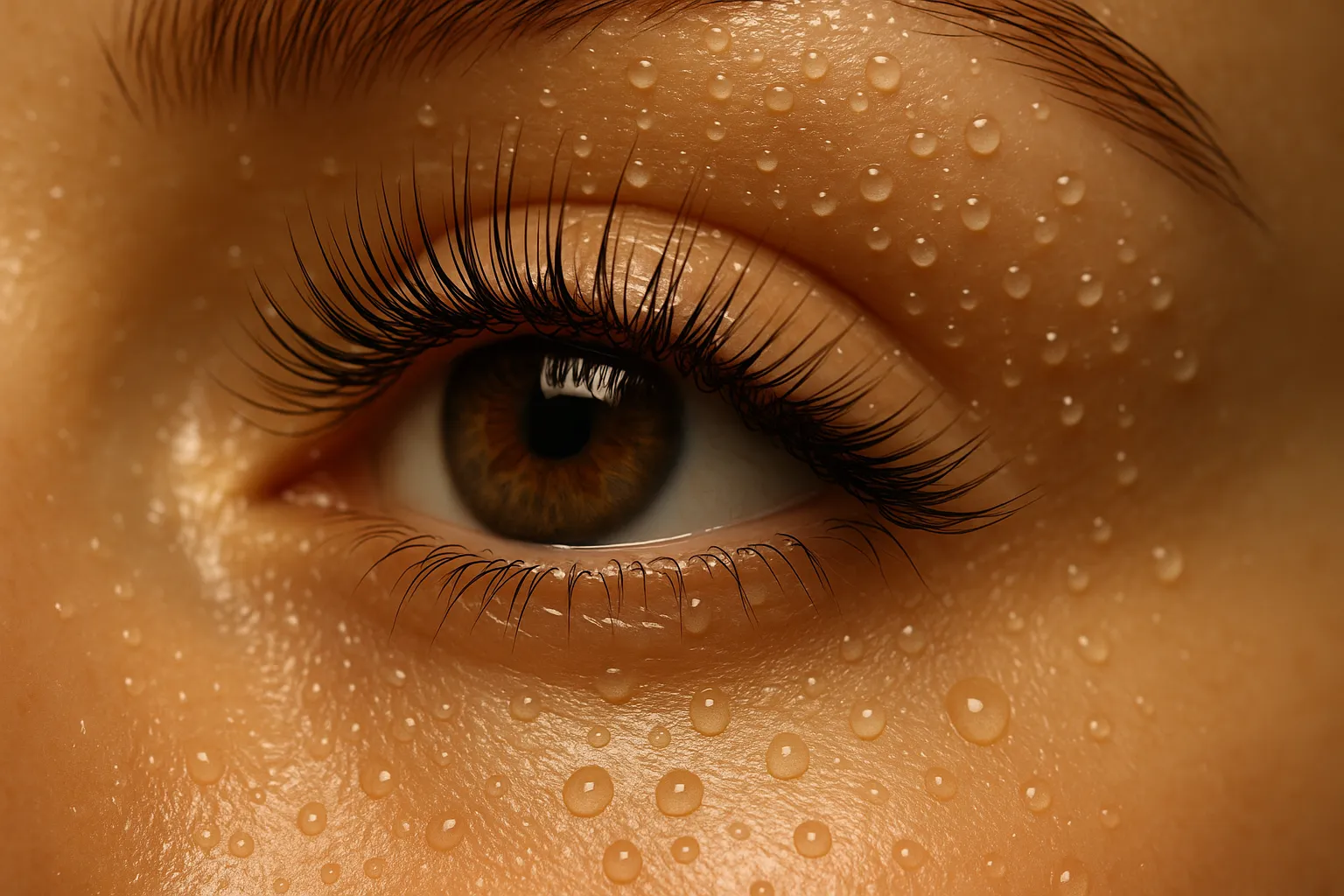 Water droplets on healthy eyelash extensions