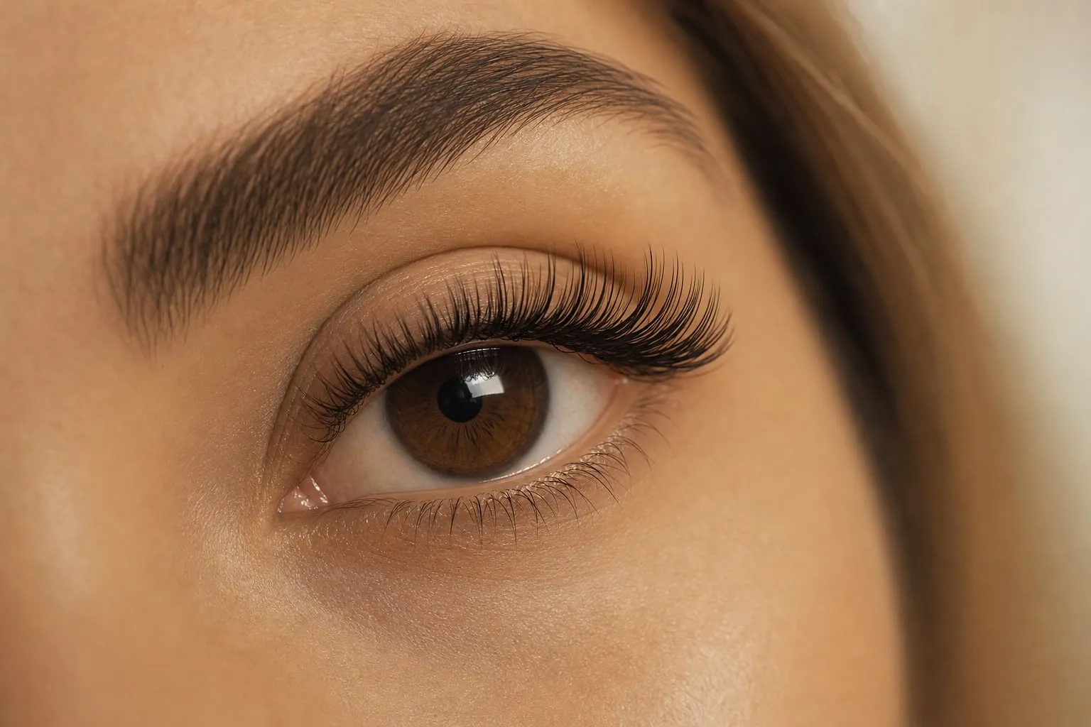 Healthy natural lashes wearing lightweight handmade volume extensions