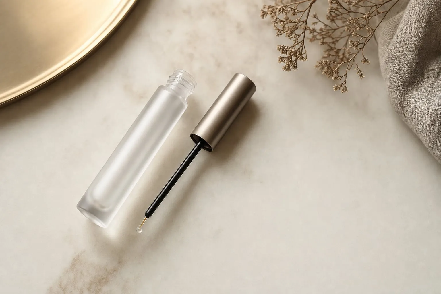 Elegant unbranded lash serum bottle and applicator wand on a cream marble surface
