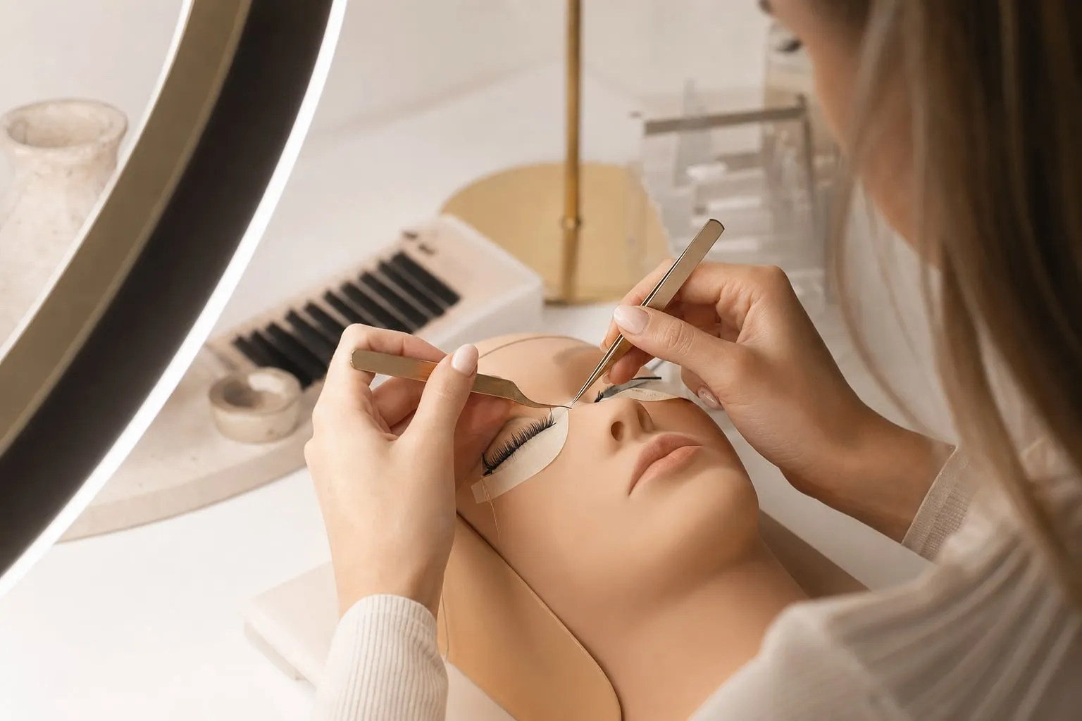 Aspiring lash technician practicing eyelash extension application on a model