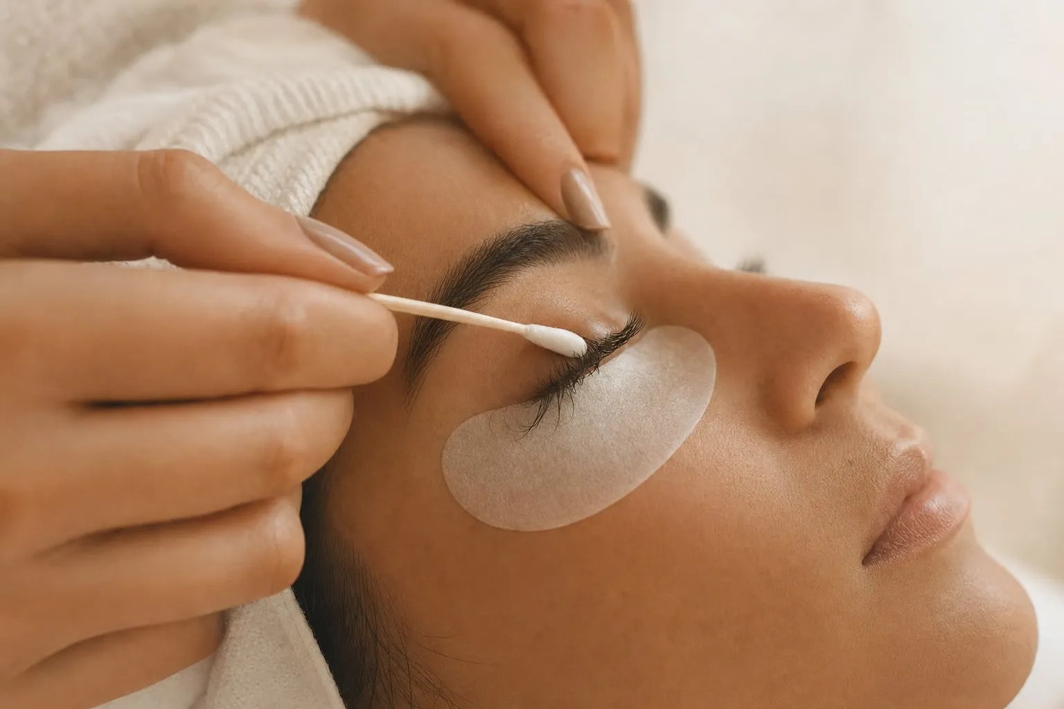 Professional gel remover being used to safely dissolve eyelash extension adhesive