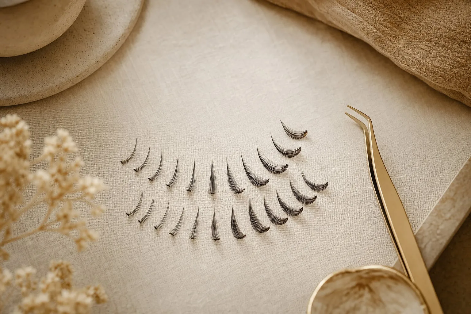 Fanned strip showing eyelash extension curl types from the gentle J curl to the dramatic D and lift-focused L curl