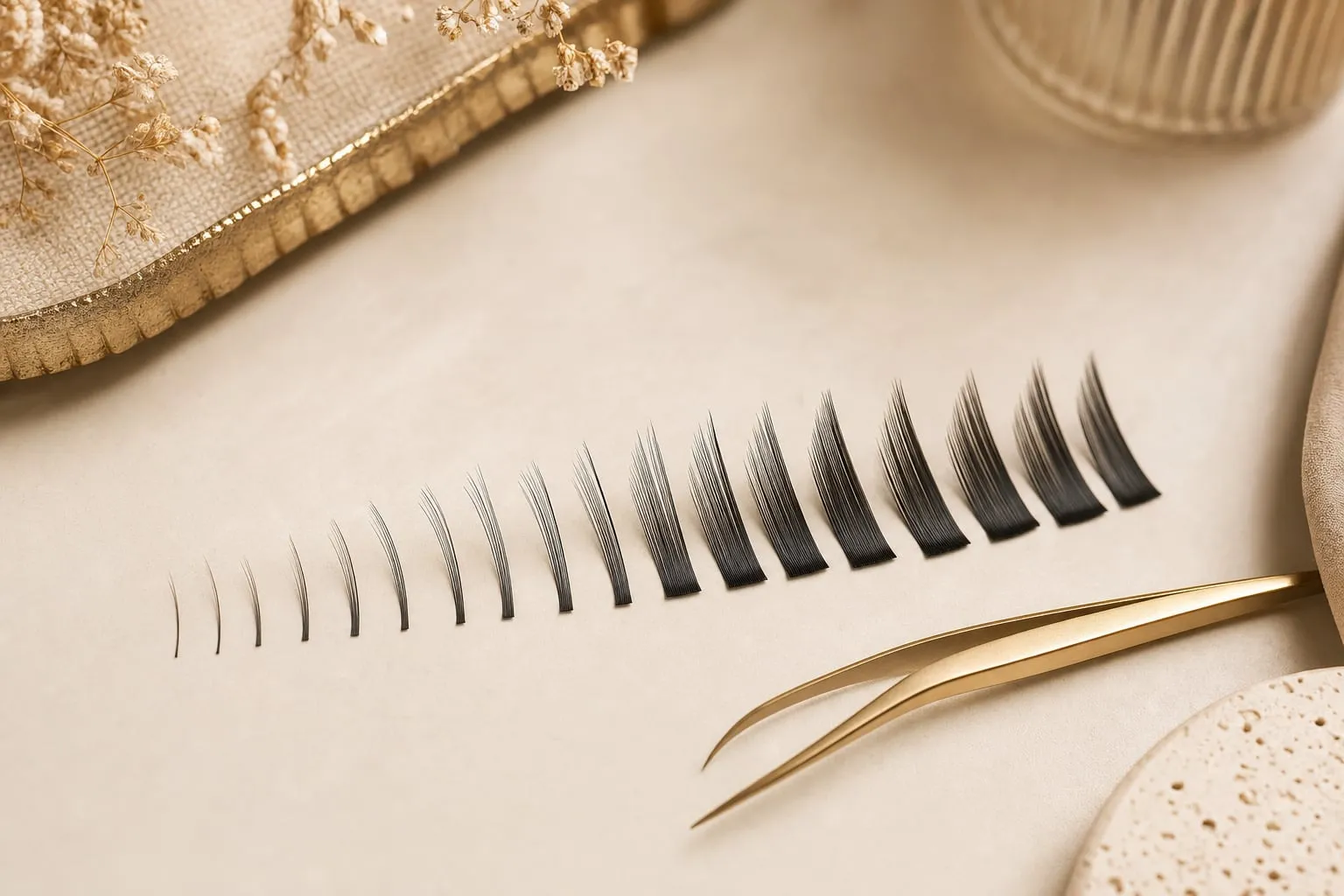 Lash extension trays labelled by length in millimetres and by diameter from 0.03 to 0.20