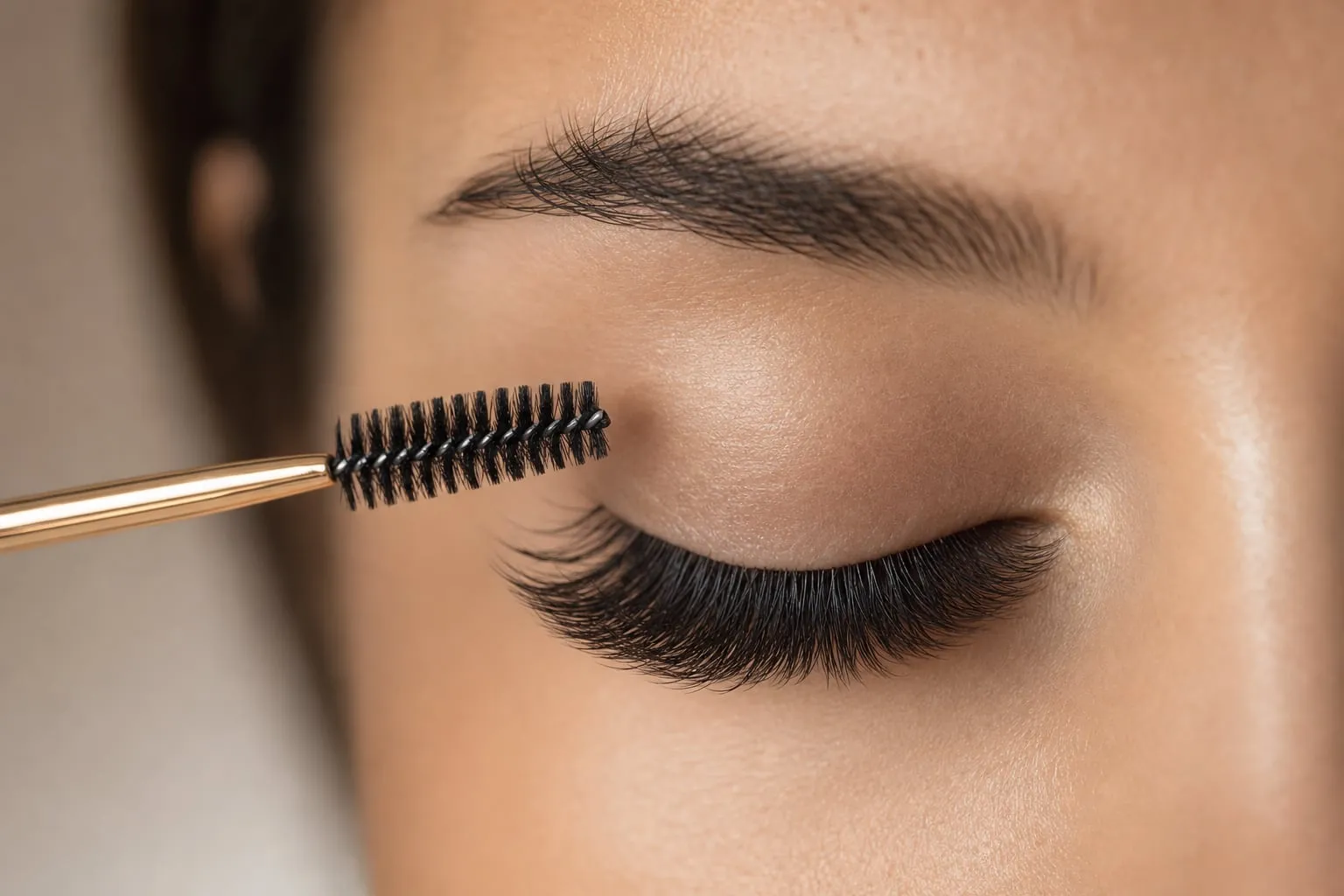 Lash artist grooming a full, freshly filled set of lash extensions with a soft spoolie brush
