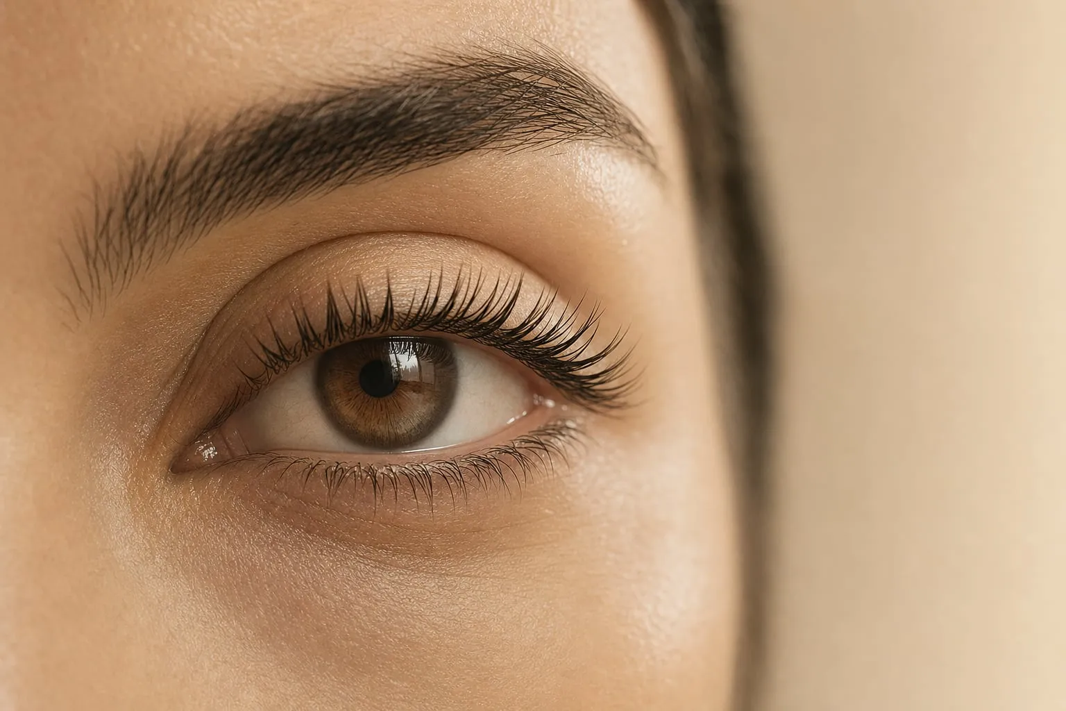 Natural lashes lifted over a silicone shield during a keratin lash lift, curled from the base