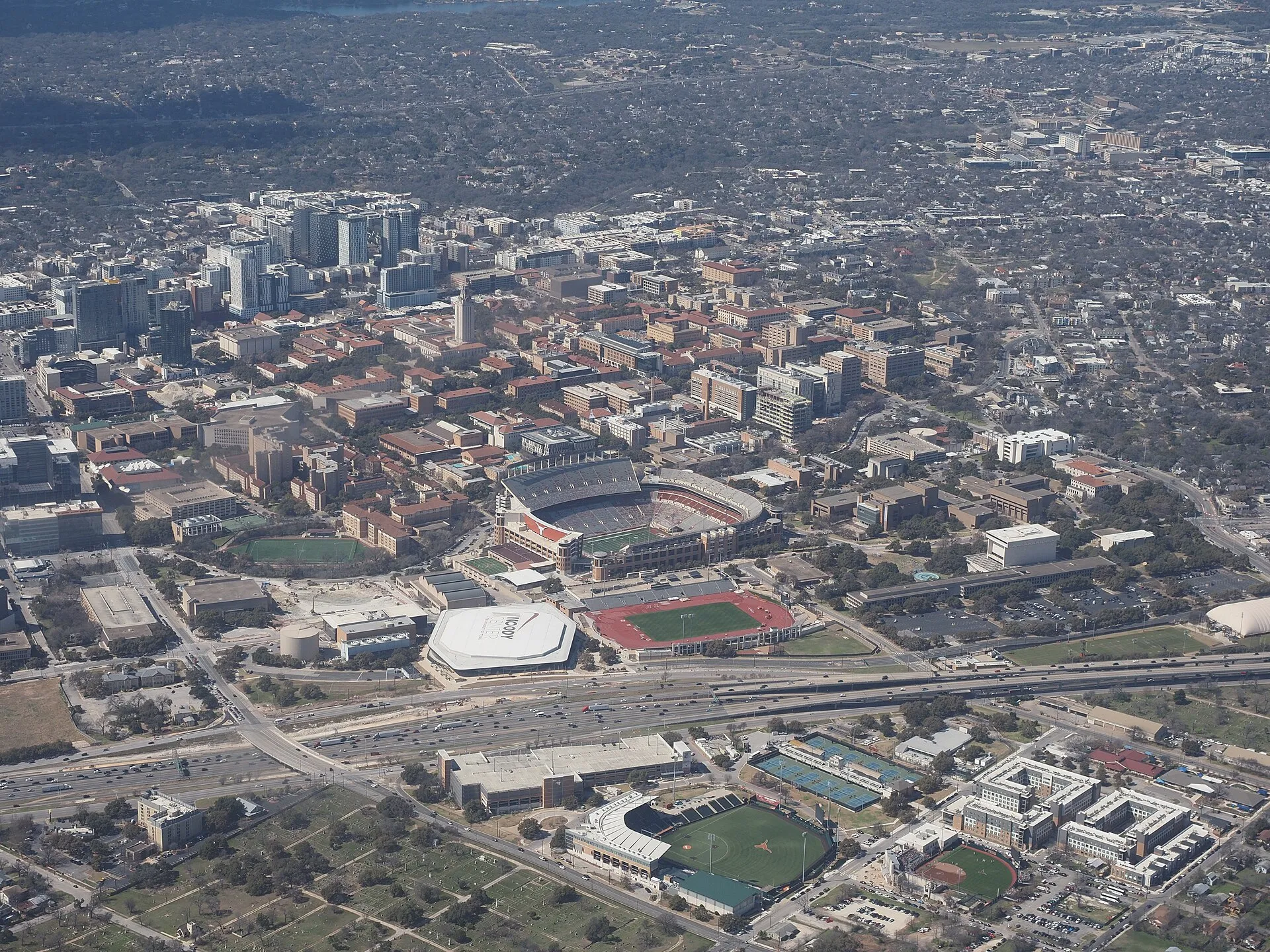 Aerial view of the University of Texas at Austin main campus and Tower