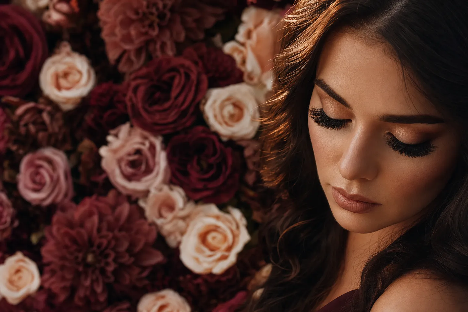 Woman with a full handmade-style volume lash set, eyes lowered, against a burgundy and blush flower wall
